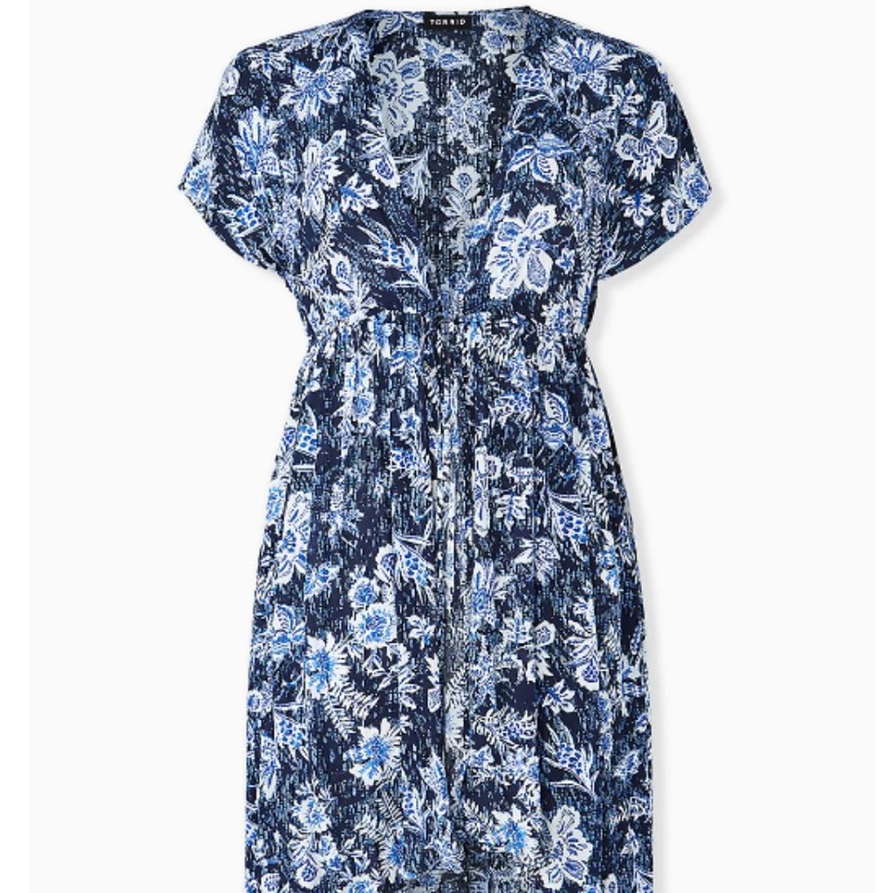 Torrid NAVY FLORAL CRINKLED GAUZE HI-LO KAFTAN